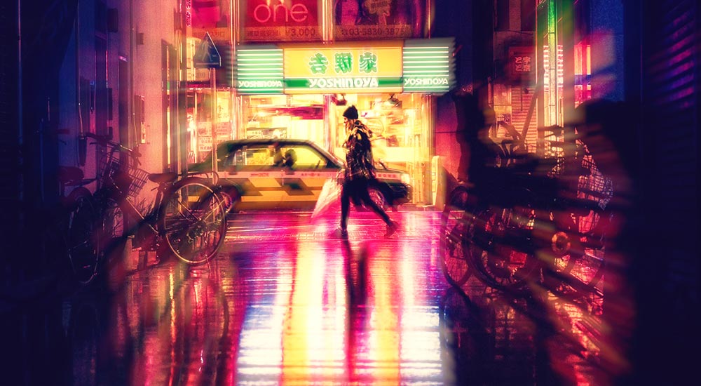 A man walking in the rain in a neon-lit Japanese street.