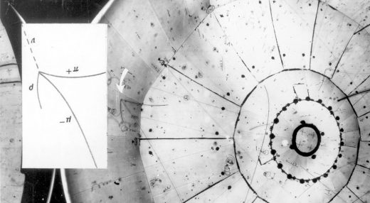 First photograph of a neutrino interacting with proton to create muon and pi meson.