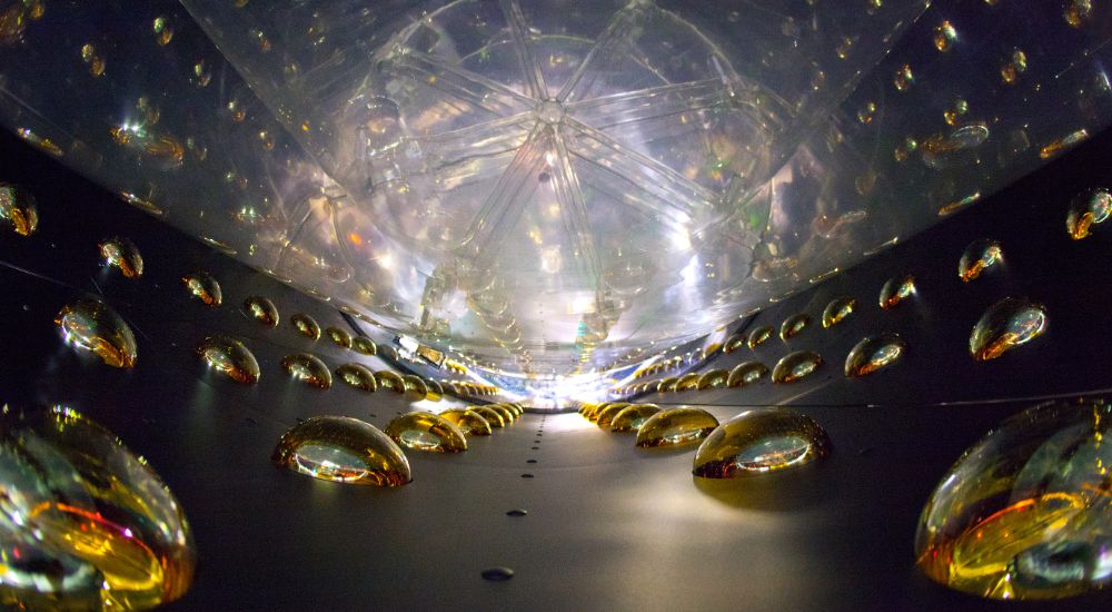 Photograph of the daya bay neutrino detector showing the photomultiplier tubes in the walls to detect neutrino and antineutrino from Daya Bay nuclear reactors.