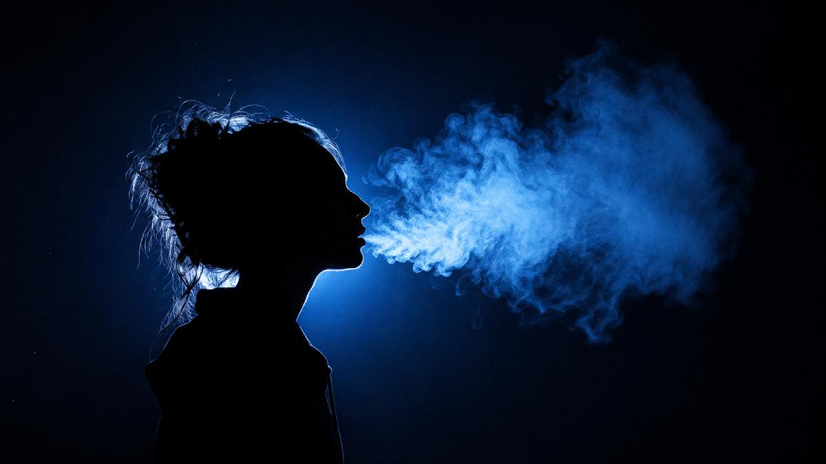 An illustrated photograph of a woman breathing in and breathing out oxygen.