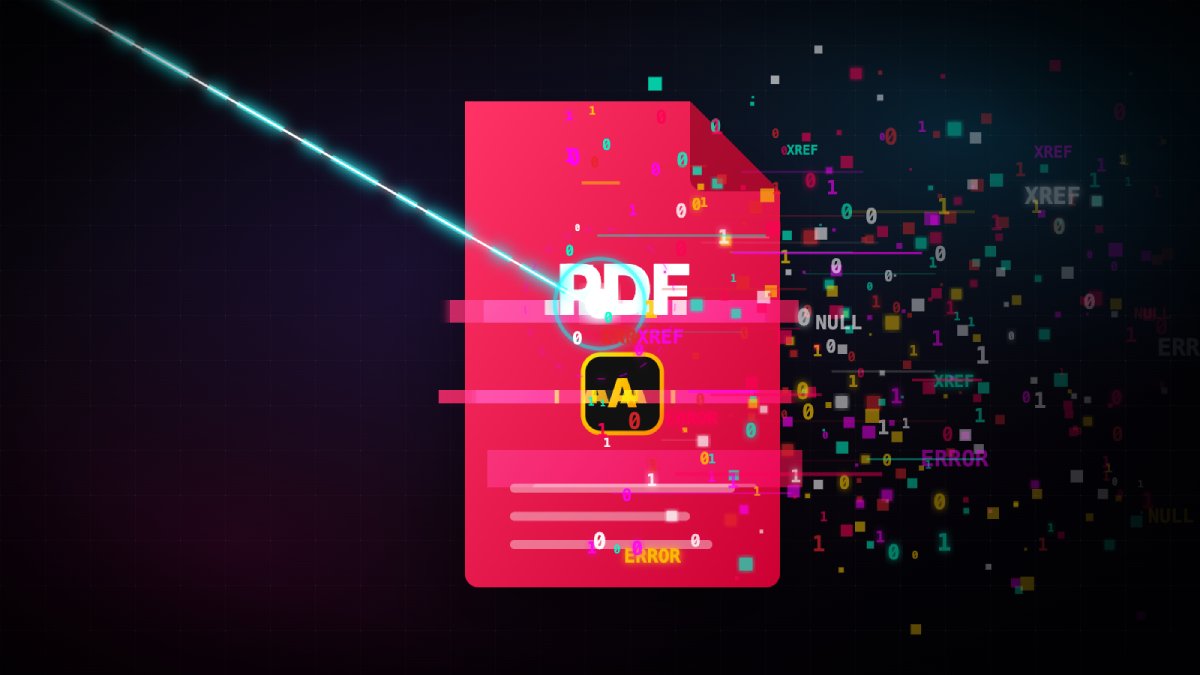 Illustration of a cosmic ray hitting a PDF/A file flipping a bit for a Geekswipe article.