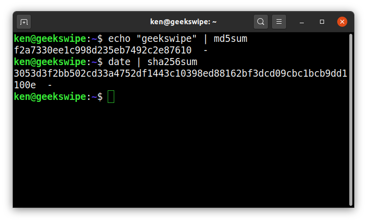 Screenshot of random hash generation in Linux command line, using MD5 and SHA256.