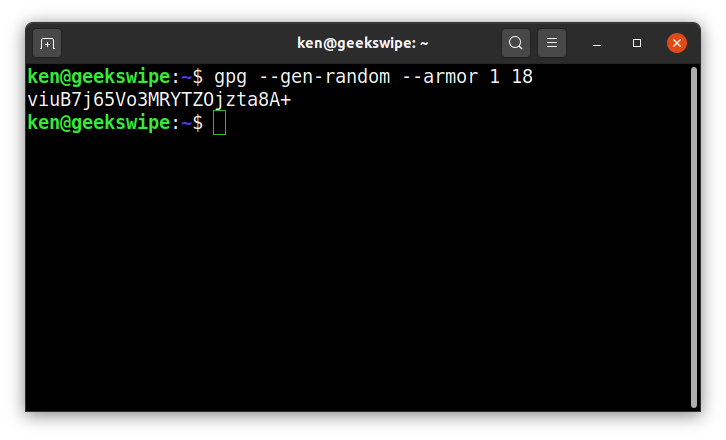 Screenshot of random keys generated in terminal by using GPG in Ubuntu.