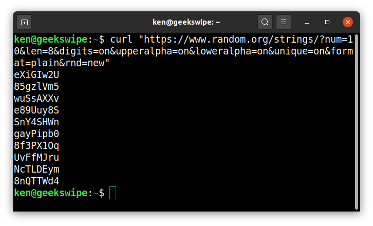 Screenshot of Linux terminal with random passwords generated from random.org using cURL.