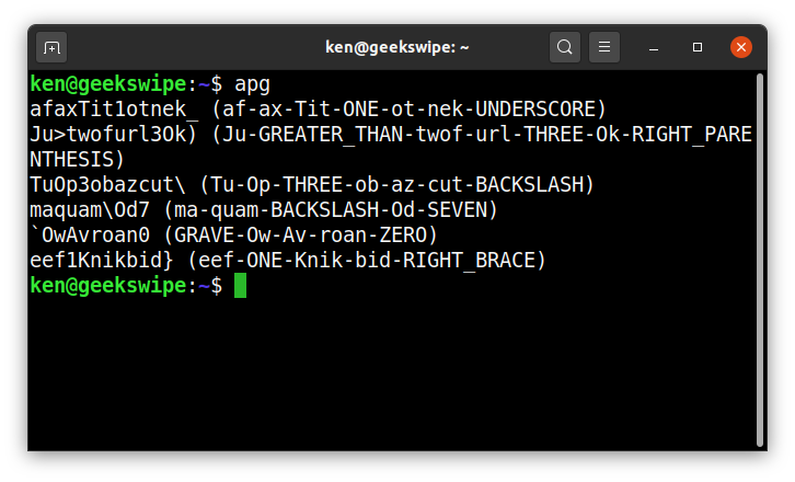 Screenshot of random password generated in terminal by Automatic password generator in Ubuntu.