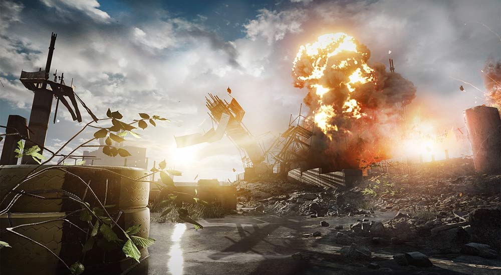 Screenshot of an explosion in Battlefield 4 - Fishing in Baku Mission