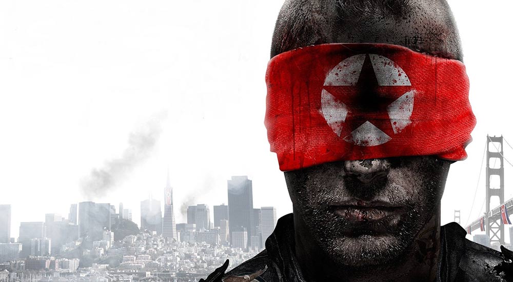 Box art of Homefront 2011 video game of a man blindfolded with a bloodstained North Korean flag.