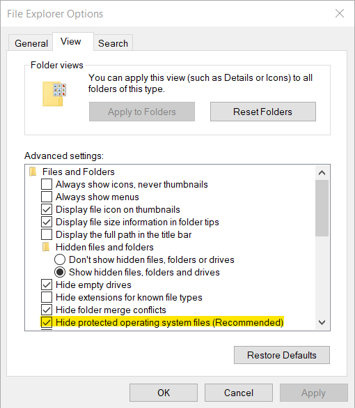 File explorer option to hide desktop.ini file in Windows.