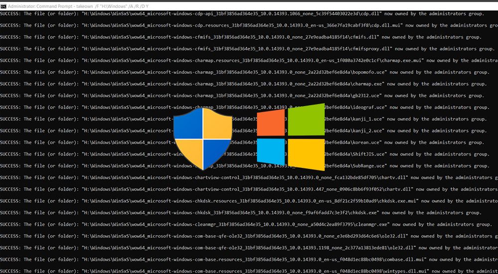 Delete windows system files from command prompt screenshot with windows shield icon and windows logo.