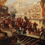 Artistic depiction of romans flooding the Colosseum for naval battles
