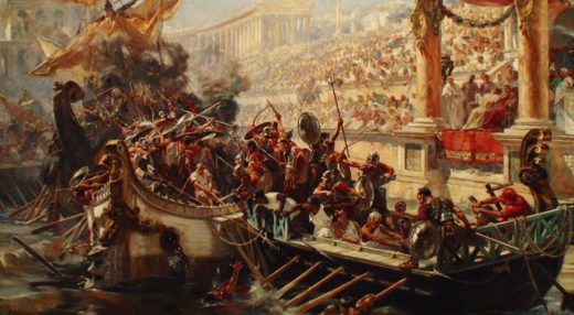 Artistic depiction of romans flooding the Colosseum for naval battles