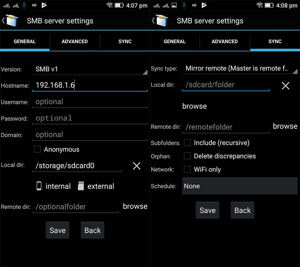Screenshot of SMB client configuration for Wi-Fi transfer on Android.