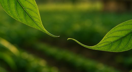A photograph of two plant leaves trying to reach out to each other, illustrating plant communication figuratively.