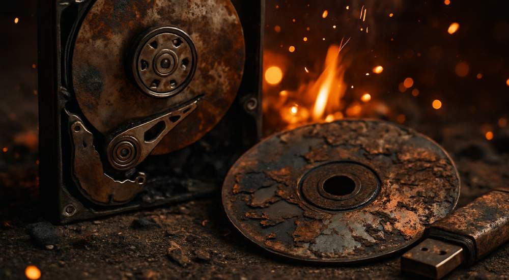 A decaying hard disk, optical disk, and a flash memory depicting the concept of data decay.