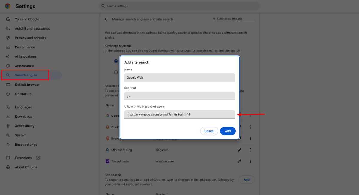 Settings screenshot to disable AI overview in Google search results on Chrome.