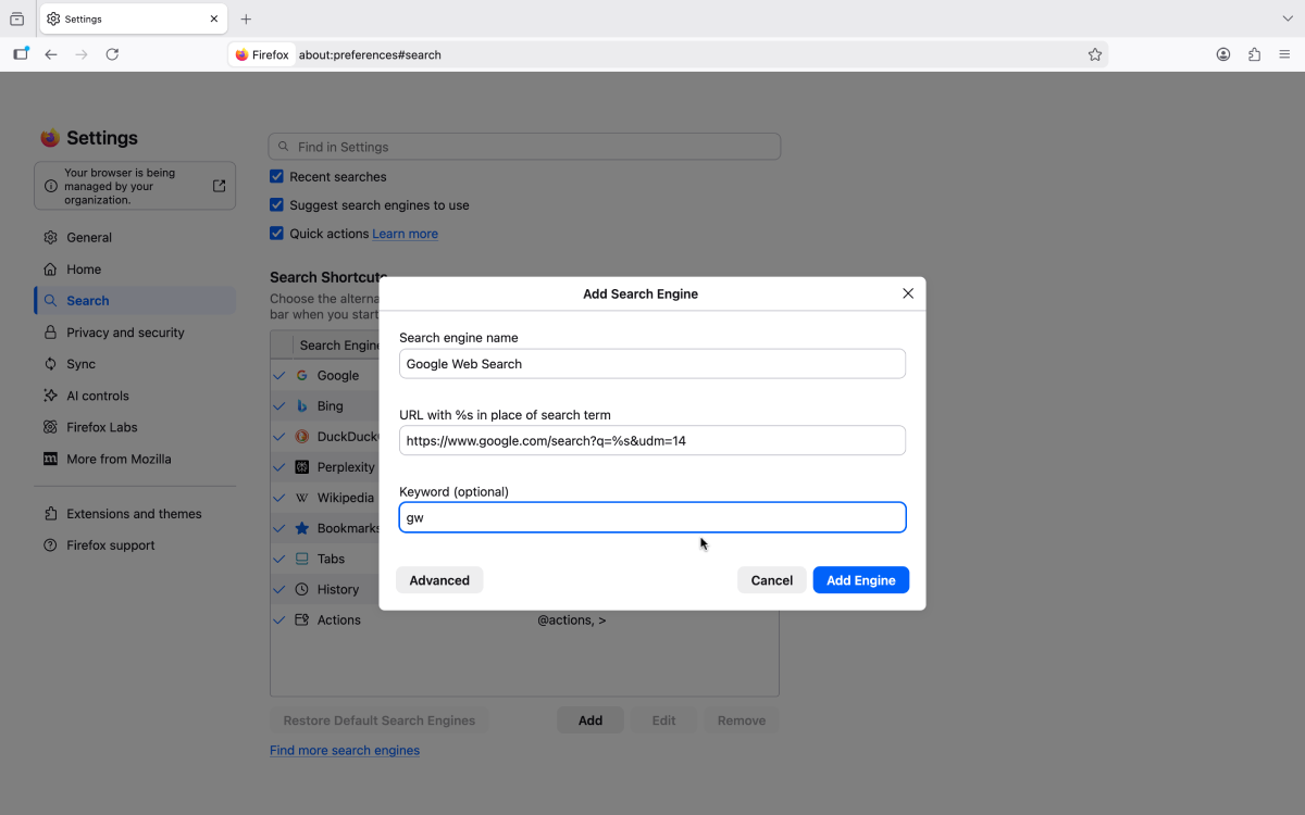 Settings screenshot to disable AI results in Google on Firefox.